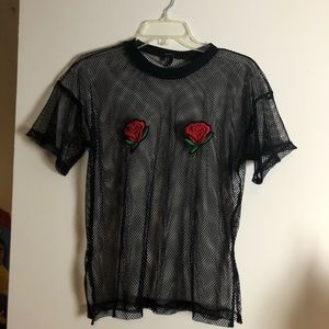 Forever 21 Mesh Tee with Rose Patches